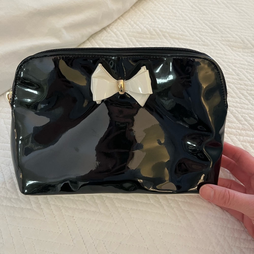Black Shiny Makeup Case Pouch Clutch with Bow